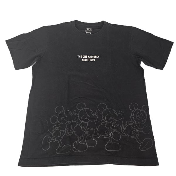 A Black Uniqlo Mickey Mouse Date T-Shirt.