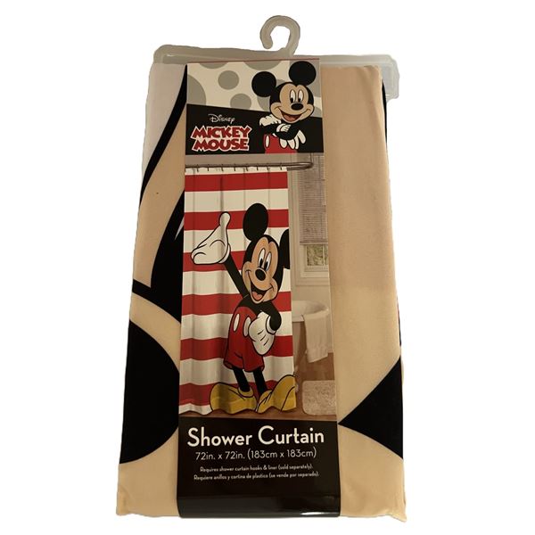 A Mickey Mouse Red and White Shower Curtain.