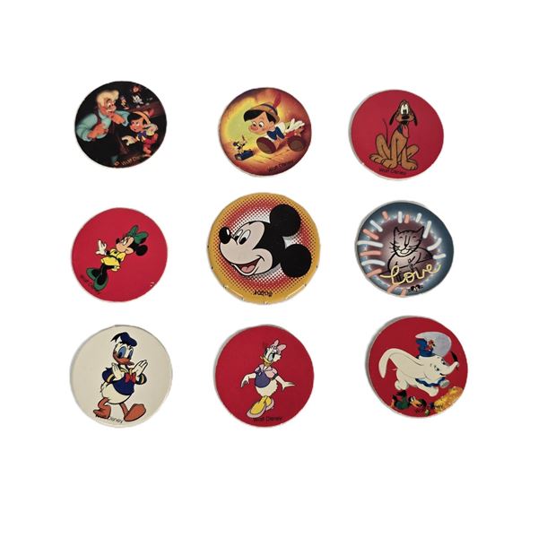 A Mickey Mint Tin and Eight (8) Pogs.
