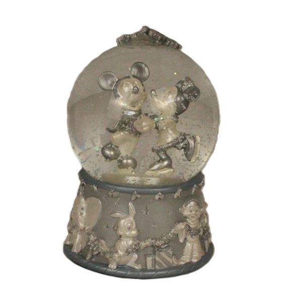 A Silver Colored Mickey and Minnie Mouse Snow Globe.