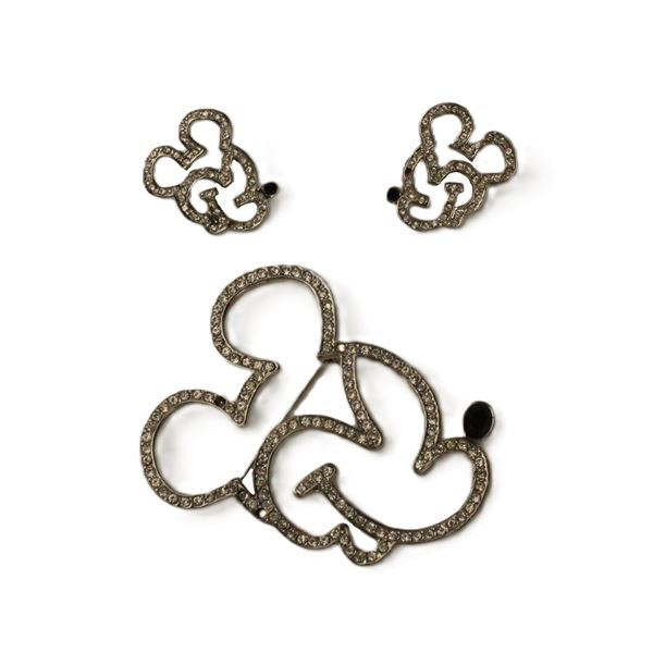 A Pair (2) of Silver-toned Mickey Mouse Swarovski Crystal Earrings and Matching Large Swarovski Crys