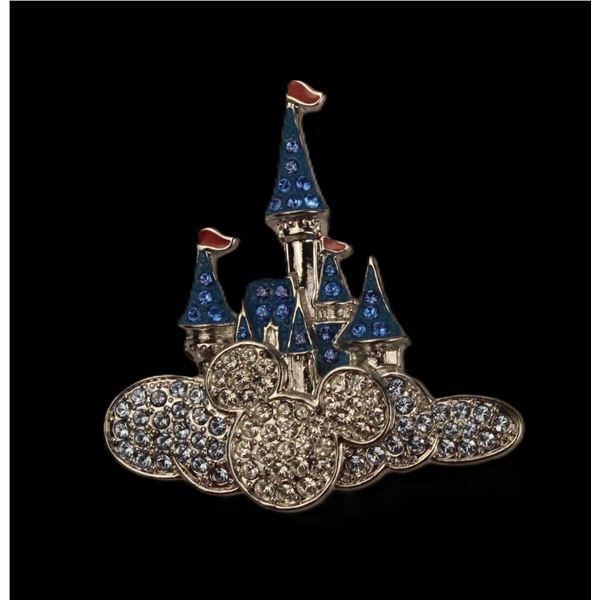 A Bright Blue and White Swarovski Cinderella Castle Swarovski Crystal Pin.