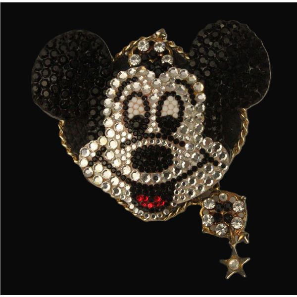 A Large Leather-backed Swarovski Crystal Mickey Face Pin.