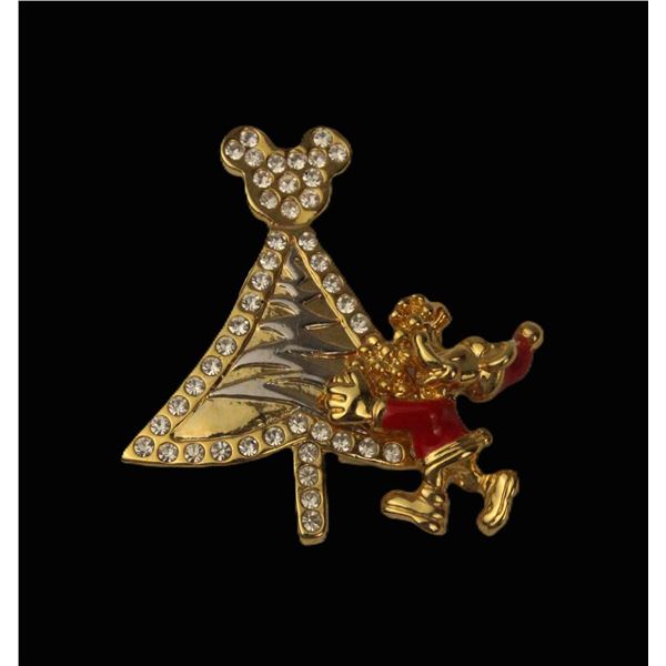 A Gold-toned Christmas Tree and Santa Mickey Swarovski Crystal Pin.