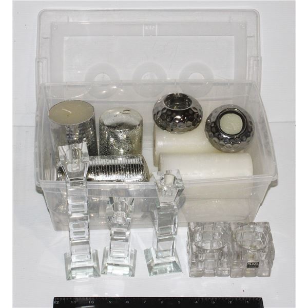 SMALL TOTE WITH LID, CANDLES, CANDLE HOLDERS