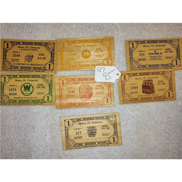 S/7 SHARON PA CENTENNIAL WOODEN NICKEL SOUVENIR CARDS