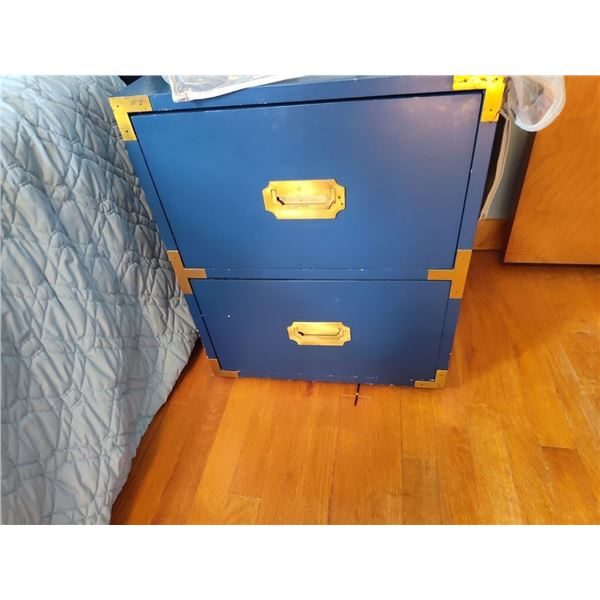 VINTAGE BLUE BEDROOM FURNITURE WITH BRASS TRIM : 2 DRAWER NIGHT STAND