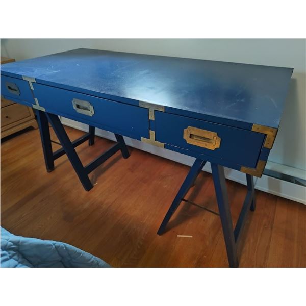 VINTAGE BLUE BEDROOM FURNITURE WITH BRASS TRIM : 3 DRAWER DESK