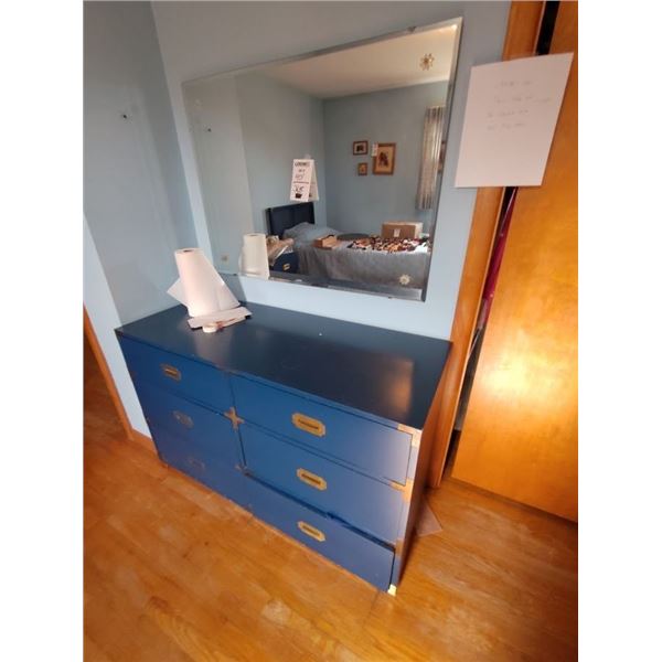 VINTAGE BLUE BEDROOM FURNITURE WITH BRASS TRIM : DESSOR W MIRROR