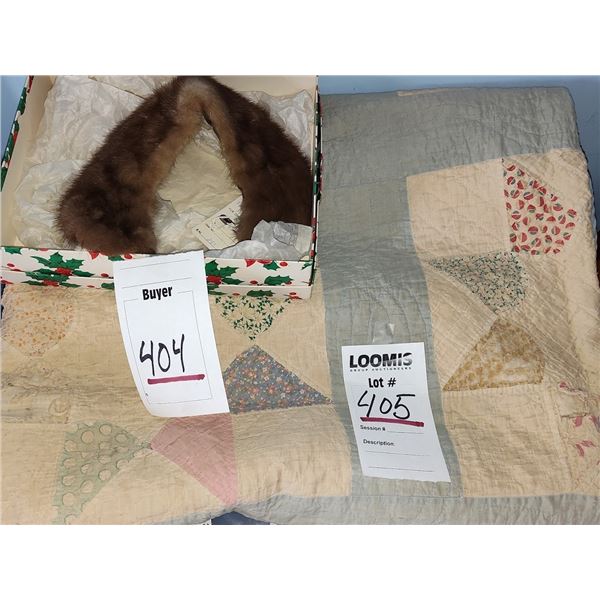 ANTIQUE QUILT & FUR / SOME WEAR ON THE QUILT