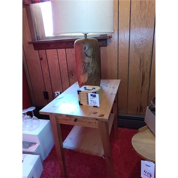 S/3 VINTAGE WOOD  GROUP , TABLE , LAMP , COASTER SET