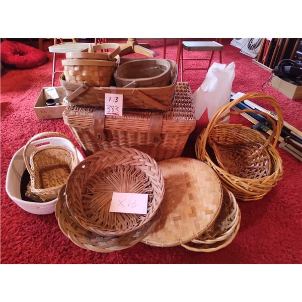LARGE  COLLECTION OF VINTAGE WICKER , WOOD, AND RATTEN BASKETS