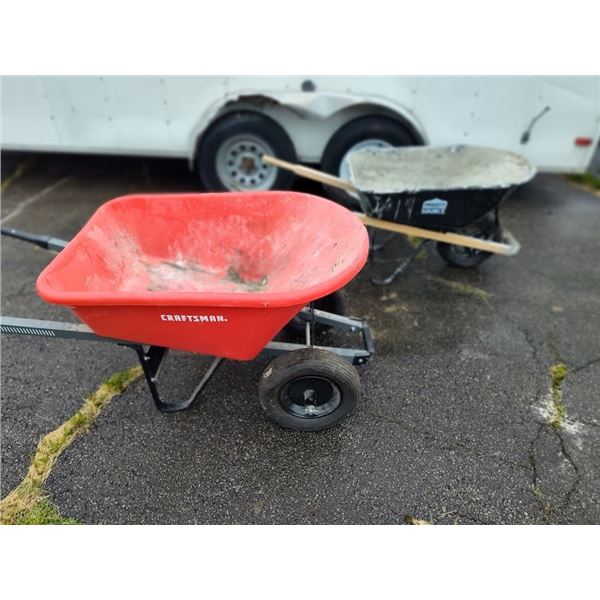 SET OF 2 CONTRACTORS WHEEL BARROWS (RED ONE HAS A DAMAGED BOTTOM)