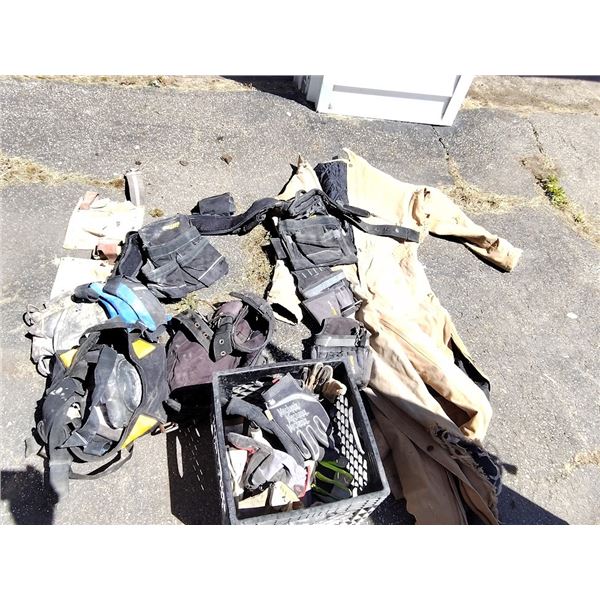 LARGE LOT OF TOOL BELTS, GLOVES, MEN WORK WEAR, AND MORE