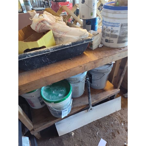 WOOD SHELF WITH PAINT AND MASONRY SUPPLIES