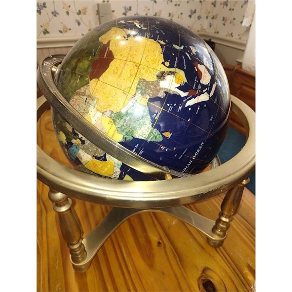 LARGE VINTAGE SPINNING LAPIS GEMSTONE GLOBE WITH BRASS FRAME AND LEGS