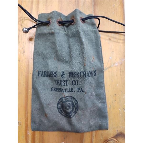 1930S CANVAS SMALL FARMERS AND MERCHANTS TRUST CO. GREENVILLE PA DRAWSTRING MONEY BAG