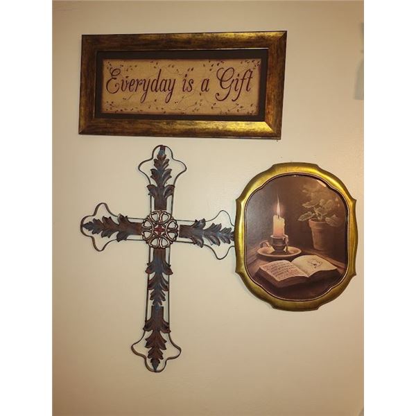 SET OF 3 FAITH WALL ART WITH 26" METAL WALL CROSS