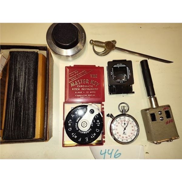 Bundle assorted items, stainless stopwatch/ master key chromatic pitch instrument and more