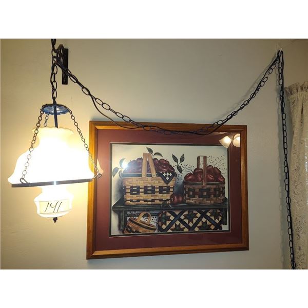 SET OF 2 HANGING GLASS VINTAGE LAMP AND WOOD FRAME APPLE PRINT