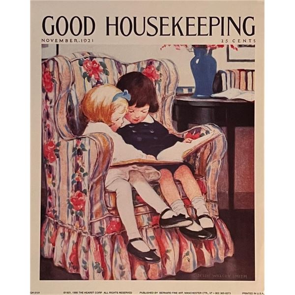 Vintage Folk Art Little Girls Reading Good Housekeeping Art Print