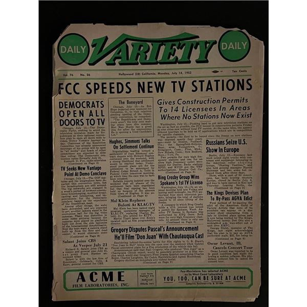 July 1952 The Hollywood Variety Daily Newspaper