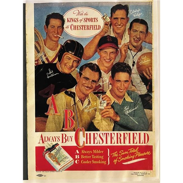 Reprint of 1947 Chesterfield Cigarette Ad with Ted Williams and more