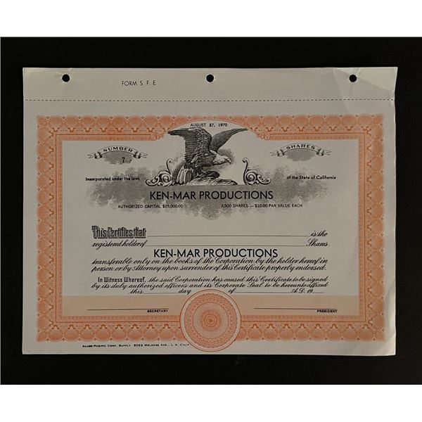 1970 Ken Mar Productions Blank Shares Certifiicate