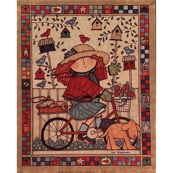 Sue Dreamer Folk Art Girl on a Bike Art Print