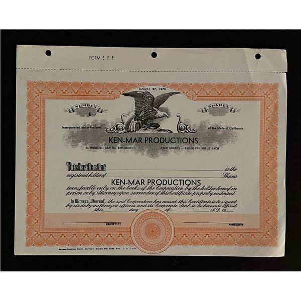 1970 Ken Mar Productions Blank Shares Certifiicate