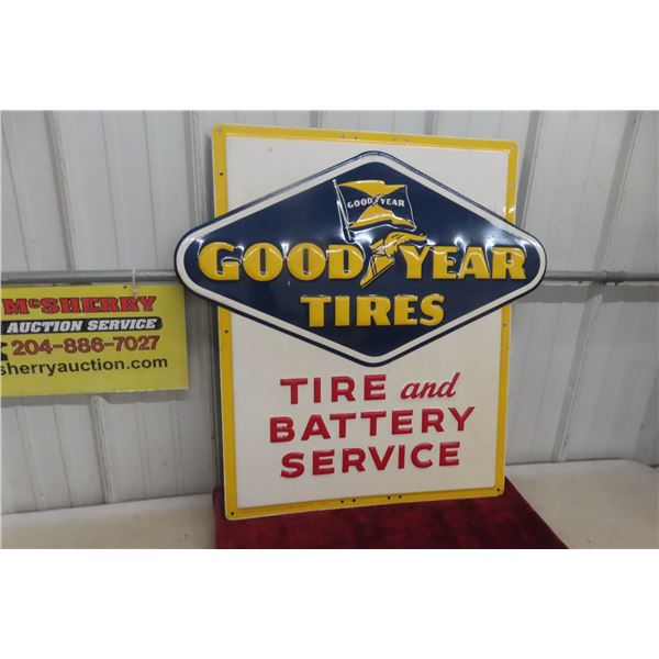Goodyear Tires And Battery Service Metal Heavy Tin Embossed Sign, 1954, 30" x up to 30"