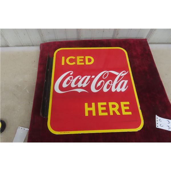 Iced Coca-Cola Here Porcelain Flange Sign, 2-Sided, 19" x 18", 1949 P+M Sign Co.