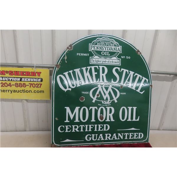 Quaker State Motor Oil Porcelain 2-Sided Tombstone Sign, 20 1/2" x 29", 1930s or Early 1940s