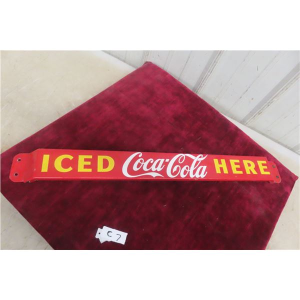 Iced Coca-Cola Here Porcelain Door Push Bar, 1950s, 3" x 31"