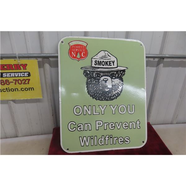 North Carolina Forest Service Porcelain Sign, Smokey Prevent Wildfires Graphic, 19" x 24", 1940s