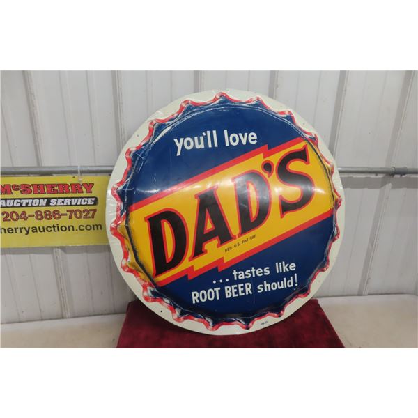 Dad's Root Beer Diecut Metal Tin Bottle Cap Sign, 1950s, 30" Diameter