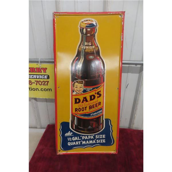 Dad's Root Beer Metal Tin Embossed Sign, Big Junior, 1940s, 13 1/2" x 29"