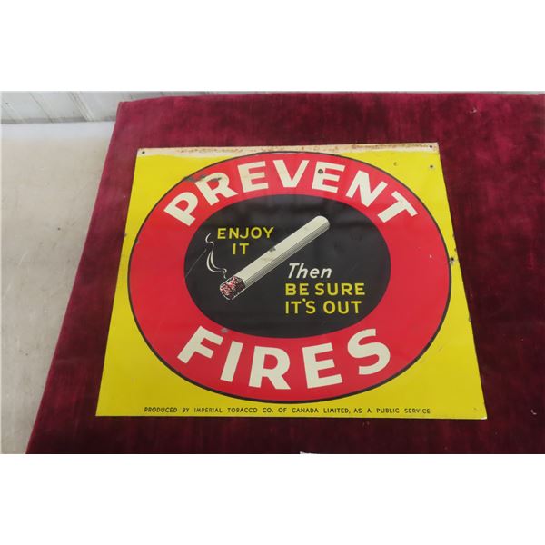 Imperial Tobacco Co. Prevent Fire Metal Tin Tacker Sign, 1960s, 15" x 17 1/2"