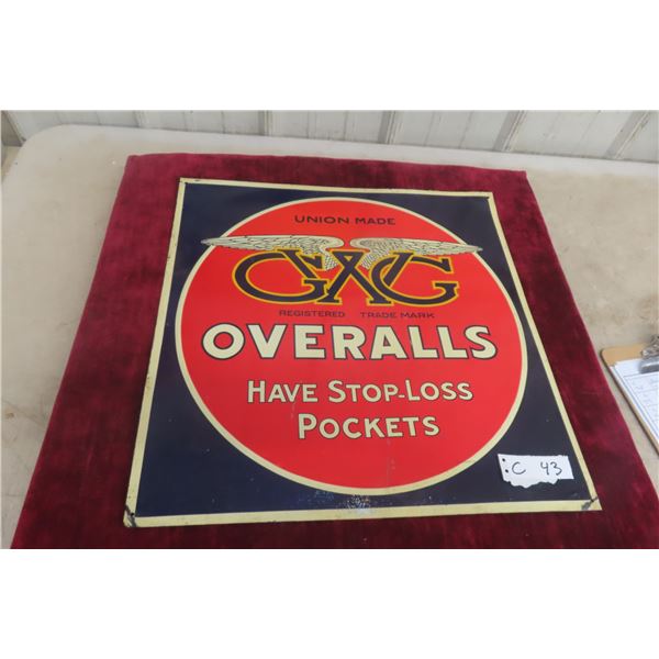 GXC Overalls Metal Tin Embossed Sign, 19 1/2" x 19 1/2", Late 1950s Or 1960s