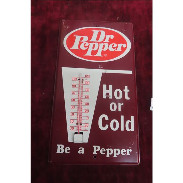 Dr Pepper Hot Or Cold Dr Pepper Metal Thermometer w/Bulb, 1960s, 7" x 12"