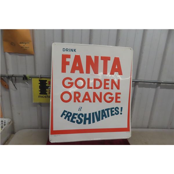 Fanta Golden Orange 'It Freshivates' Metal Tin Embossed Sign, 1964, 27" x 31"