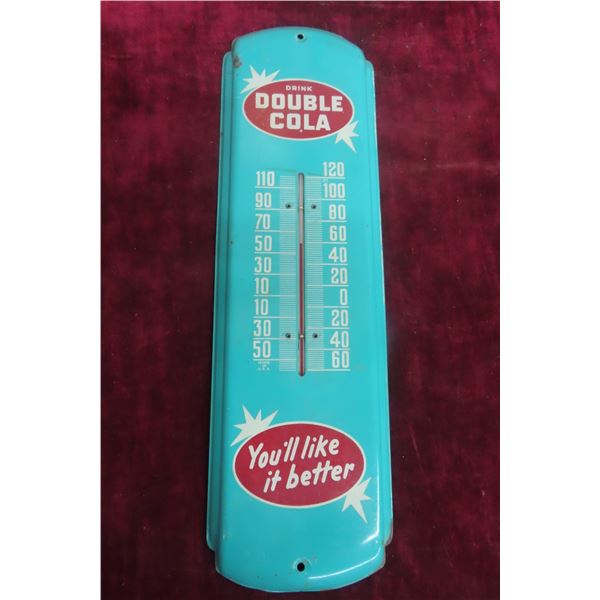 Drink Double Cola Metal Thermometer With Bulb, 1950s Or 1960s, 5" x 17"