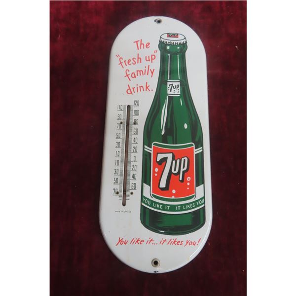 7-Up 'Fresh Up Family Drink' Porcelain Thermometer With Bulb, 1950s, 6" x 15"