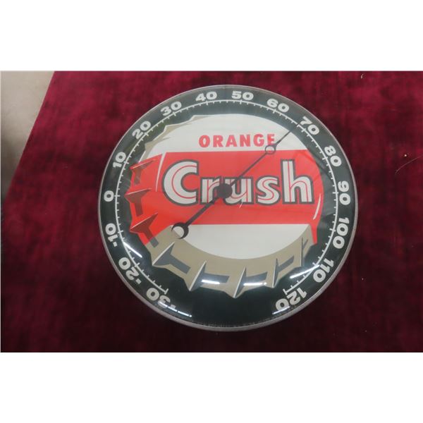 Orange Crush Thermometer, 1959, 12" Diameter, Pam Clock Co. Glass Lens