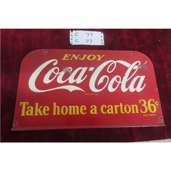 Enjoy Coca-Cola 'Take Home A Carton' 36¢ Metal 2-Sided Rack Topper Sign, 15 1/2" x 9" 1960