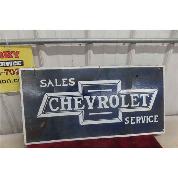 Chevrolet Sales And Service Porcelain 2-Sided Flange Sign, 1930s Or 1940s, 15" x 30", Some Touchups