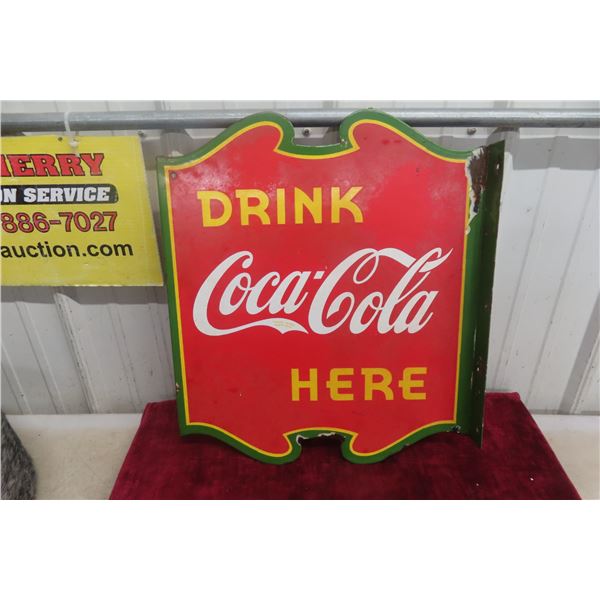 Drink Coca-Cola Here Porcelain 2-Sided Flange Sign, 1930s, 17" x 20"