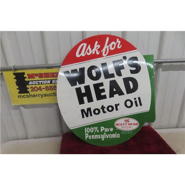 Wolf's Head Motor Oil Porcelain 2-Sided Flange Sign, 22" x 26" Vintage?