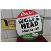 Image 1 : Wolf's Head Motor Oil Porcelain 2-Sided Flange Sign, 22" x 26" Vintage?