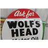 Image 3 : Wolf's Head Motor Oil Porcelain 2-Sided Flange Sign, 22" x 26" Vintage?